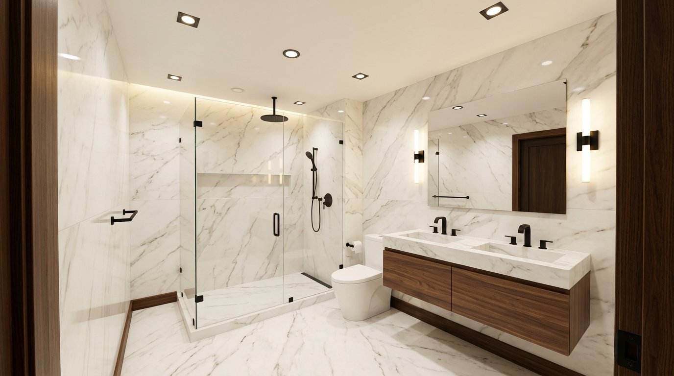 Marble master bathroom with walk-in shower after remodel