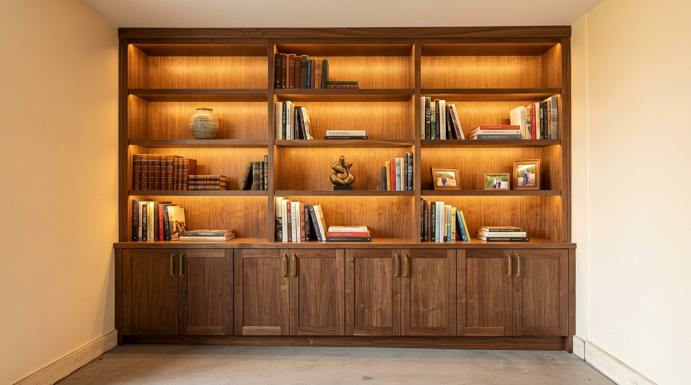 Floor-to-ceiling walnut built-in shelving after carpentry