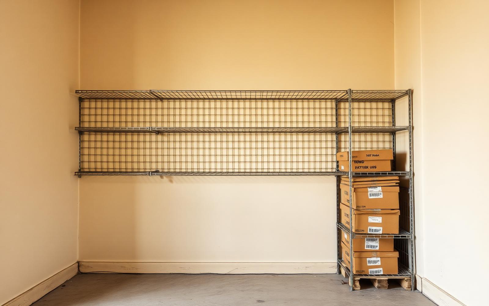 Empty wall with wire shelves before built-ins