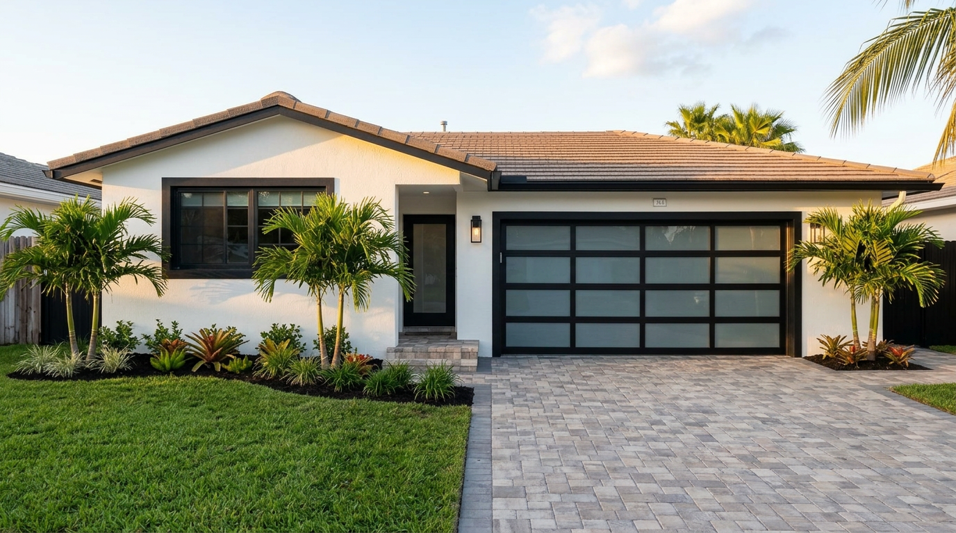 Refreshed South Florida home exterior with palms after renovation