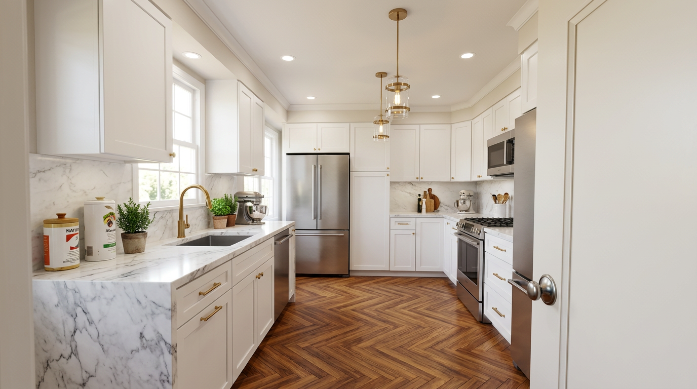 Modern white kitchen with marble island after remodel