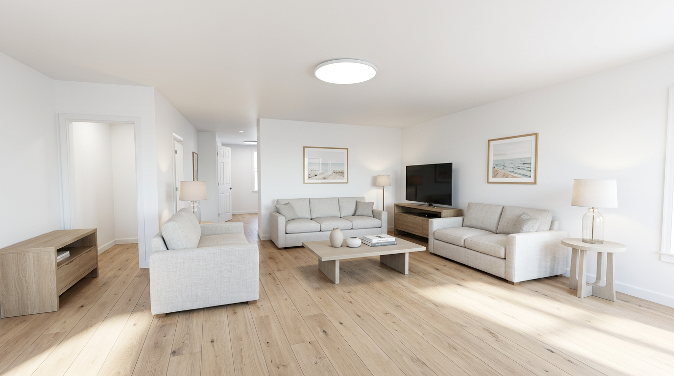 Bright modern living room with wide-plank flooring after remodel