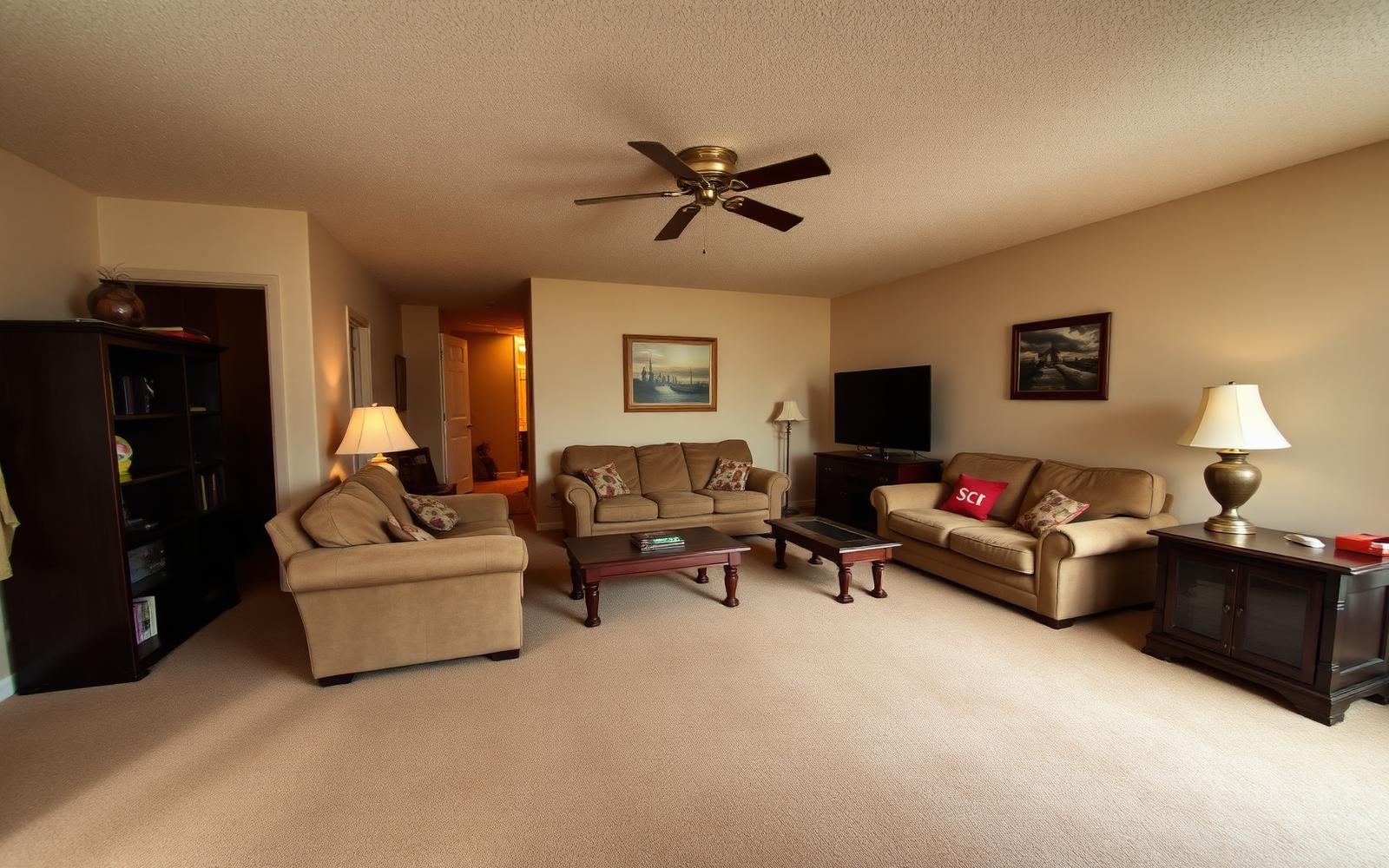 Dated living room with carpet before remodel